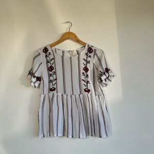 Embroidered Floral Striped Blouse - White and Red Medium Denim Jeans & Casuals